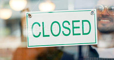 Storefront, small business or closed sign on window in coffee shop or restaurant for end of service. Closing time, happy manager or glass with board, poster or message in diner or cafe for notice