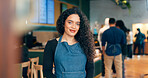 Portrait, happy woman and barista in coffee shop, store or restaurant for retail service Face, smile and waitress in cafe, worker and employee in apron, entrepreneur or small business owner in Mexica