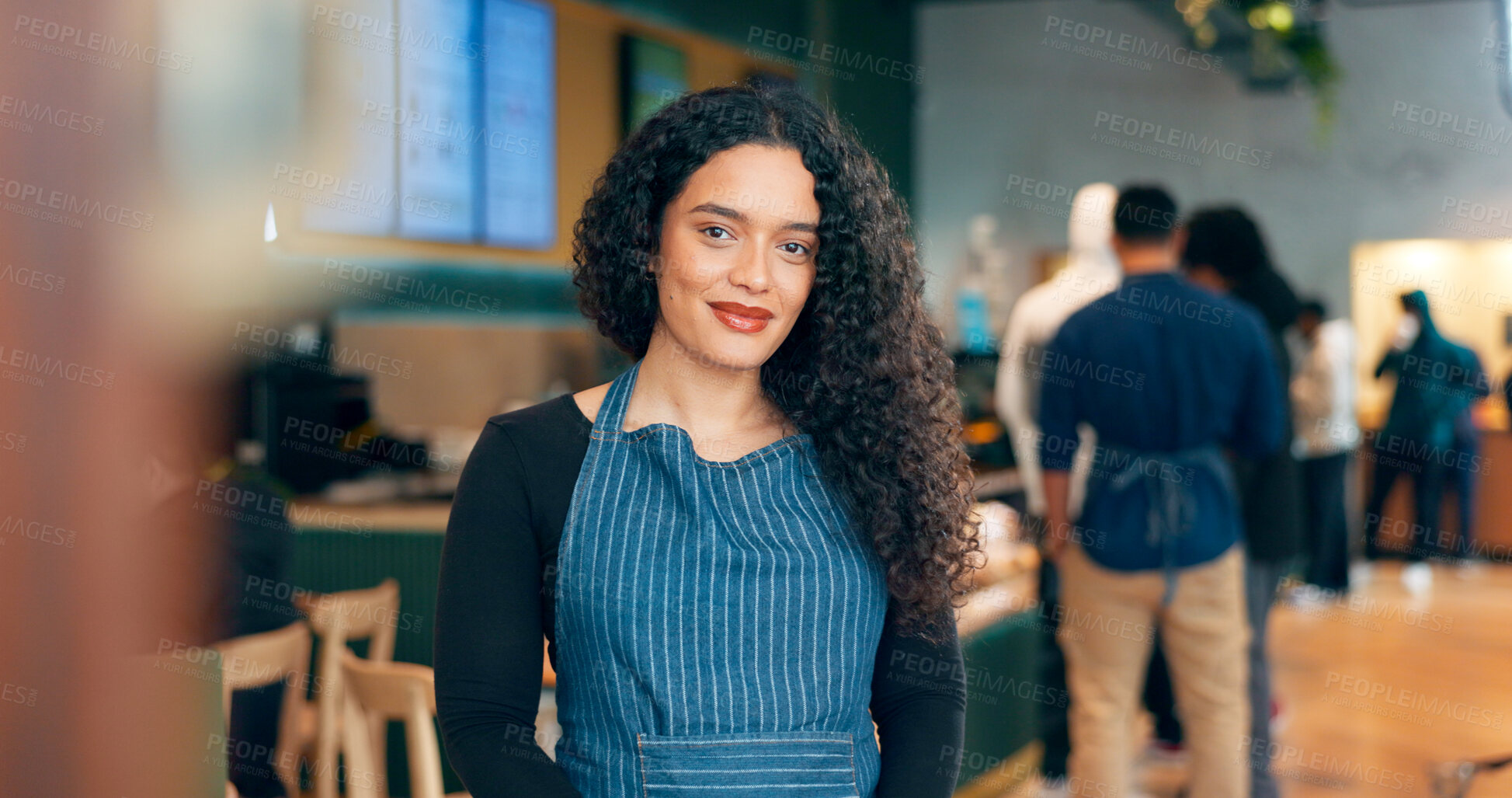 Buy stock photo Portrait, happy woman and barista in coffee shop, store or restaurant for retail service Face, smile and waitress in cafe, worker and employee in apron, entrepreneur or small business owner in Mexica