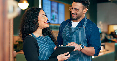 Business owner, restaurant teamwork and tablet for waiter training, review sales and management in hospitality. Happy people, manager or barista on digital technology for cafe or coffee shop planning