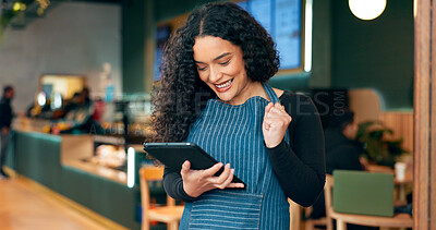 Cafe, waitress and woman success on tablet of restaurant sales, online profit or customer service reviews. Happy worker, business owner or barista in yes for digital news, target or coffee shop goals