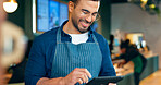 Cafe, happy man and barista on tablet of restaurant sales, online management or customer service reviews. Happy entrepreneur, waiter or small business owner on digital technology for coffee shop data