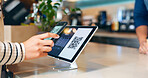 Hands, phone and pos in coffee shop, payment and fintech app with qr code, deal and services with scanning in store. People, smartphone and machine for point of sale, banking and barcode in cafeteria