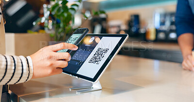 Buy stock photo Hands, phone and qr code in coffee shop, payment and fintech app with pos, deal and services with scanning in store. People, smartphone and machine for point of sale, banking and barcode in cafeteria