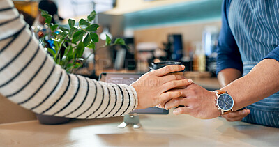 Hands, barista or customer order at cafe for service, drink or help on retail counter at coffee shop. Serving, closeup or person in small business restaurant giving a tea cup to client at checkout