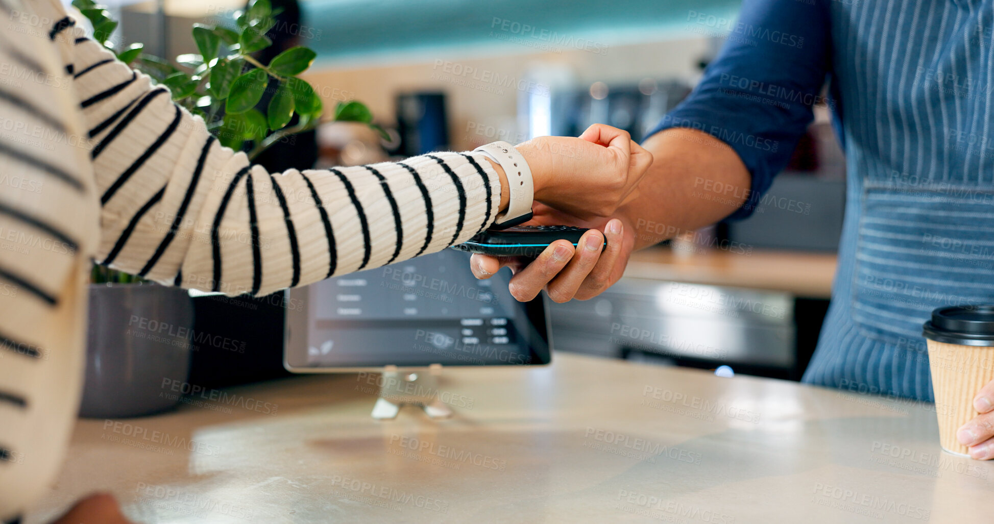 Buy stock photo Smart watch, payment or hands of barista in cafe with cashier for shopping, sale or checkout. Fintech machine, customer or closeup of person paying for service, coffee cup or tea bills in restaurant 