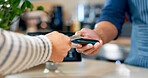 Credit card, fintech or hands of customer in cafe with cashier for shopping, sale or checkout. Payment machine, bills or closeup of person paying for service, coffee or tea in restaurant or diner 