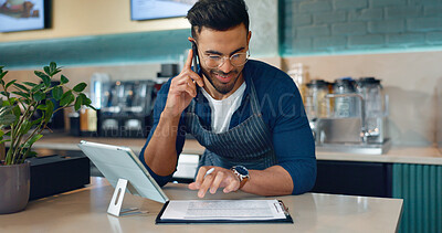 Buy stock photo Barista, phone call or documents for restaurant, cafe logistics or coffee shop management. Supply chain checklist, manager or man in mobile communication for stock inventory in startup with paperwork