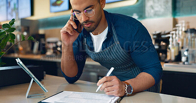 Barista, phone call and paperwork for restaurant, cafe logistics or coffee shop management. Supply chain checklist, manager writing or man in mobile communication for stock inventory in startup