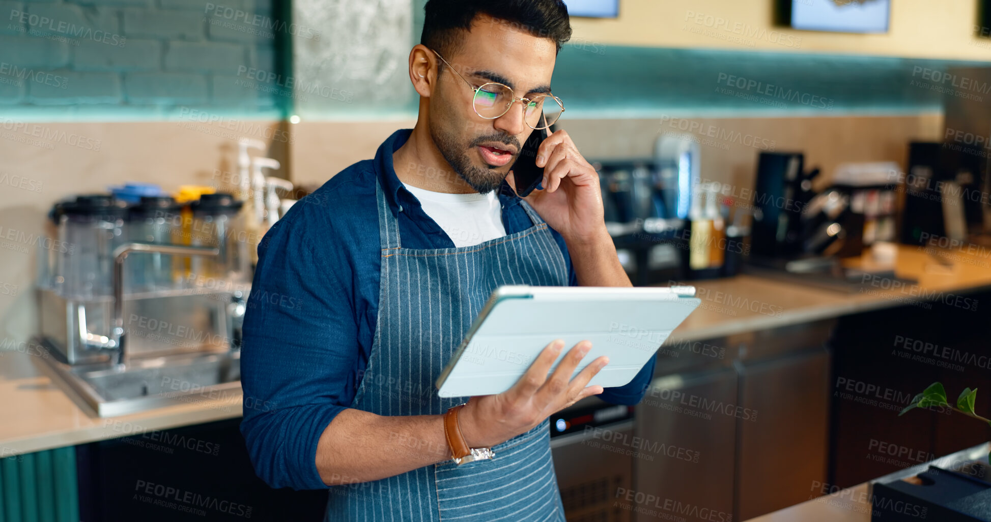 Buy stock photo Waiter, phone call and tablet for restaurant communication, online management or customer service in cafe. Small business owner, barista or cashier man on mobile and digital tech for coffee shop data