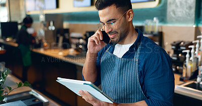 Phone call, restaurant or barista on tablet for small business logistics, social media update or sale. Manager, listen or Indian man reading on technology app for coffee shop order in cafe startup