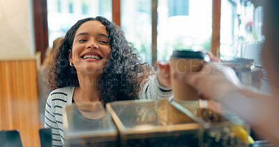 Happy woman, barista or customer order at cafe for service, payment or tea cup on counter at coffee shop. Serving, waitress pov or employee in small business restaurant helping a client at checkout
