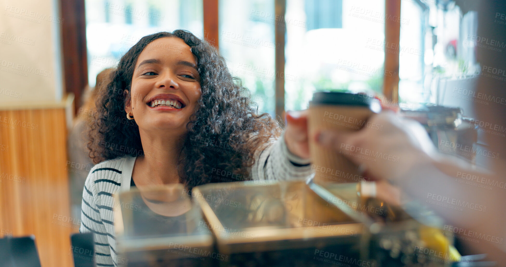 Buy stock photo Happy woman, barista or customer order at cafe for service, payment or tea cup on counter at coffee shop. Serving, waitress pov or employee in small business restaurant helping a client at checkout