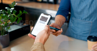 Fintech, phone or hands of customer in cafe with cashier for shopping, sale or payment in checkout. Machine, bills or closeup of person paying for service, coffee or tea drink in restaurant or diner