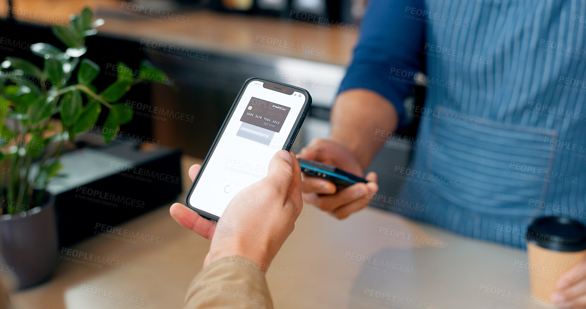 Buy stock photo Fintech, phone or hands of customer in cafe with cashier for shopping, sale or payment in checkout. Machine, bills or closeup of person paying for service, coffee or tea drink in restaurant or diner 