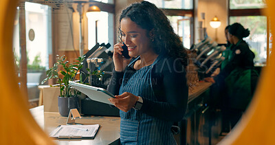 Phone call, cafe or happy woman on tablet for small business logistics or social media update. Manager, coffee shop or barista reading price list on technology for an order in restaurant or website