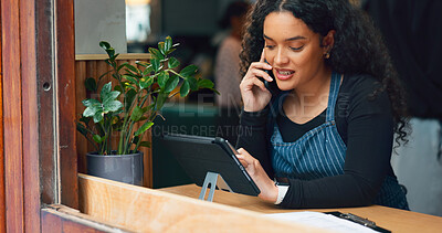 Phone call, coffee shop or woman on tablet for small business logistics, social media update. Manager, talking or barista reading sale price on technology app for an order in cafe startup or website