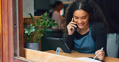 Phone call, restaurant or happy woman on tablet for small business logistics or social media update. Manager, coffee shop or barista reading price list on technology for an order in cafe or website