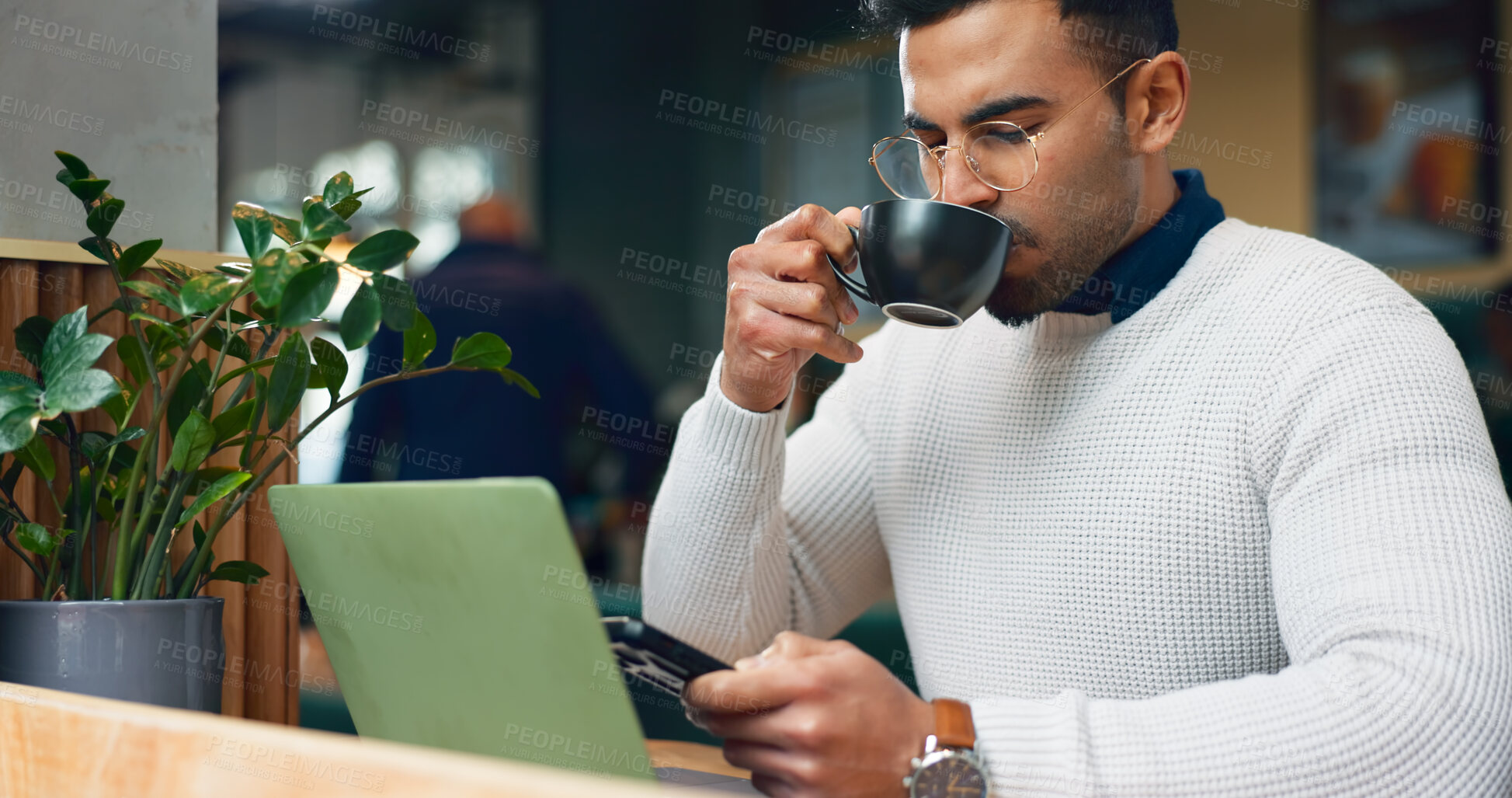 Buy stock photo Man, coffee shop drink and phone for social media, laptop planning and remote work at small business. Freelancer or customer typing on his mobile for chat with espresso review at cafe or restaurant