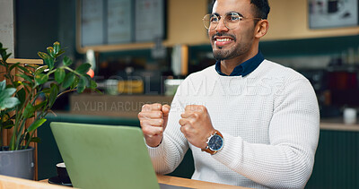 Buy stock photo Coffee shop smile, laptop and man celebrate online research success, freelance project achievement or wow data report. Excited winner, diner cafe and customer happy for hospitality news announcement