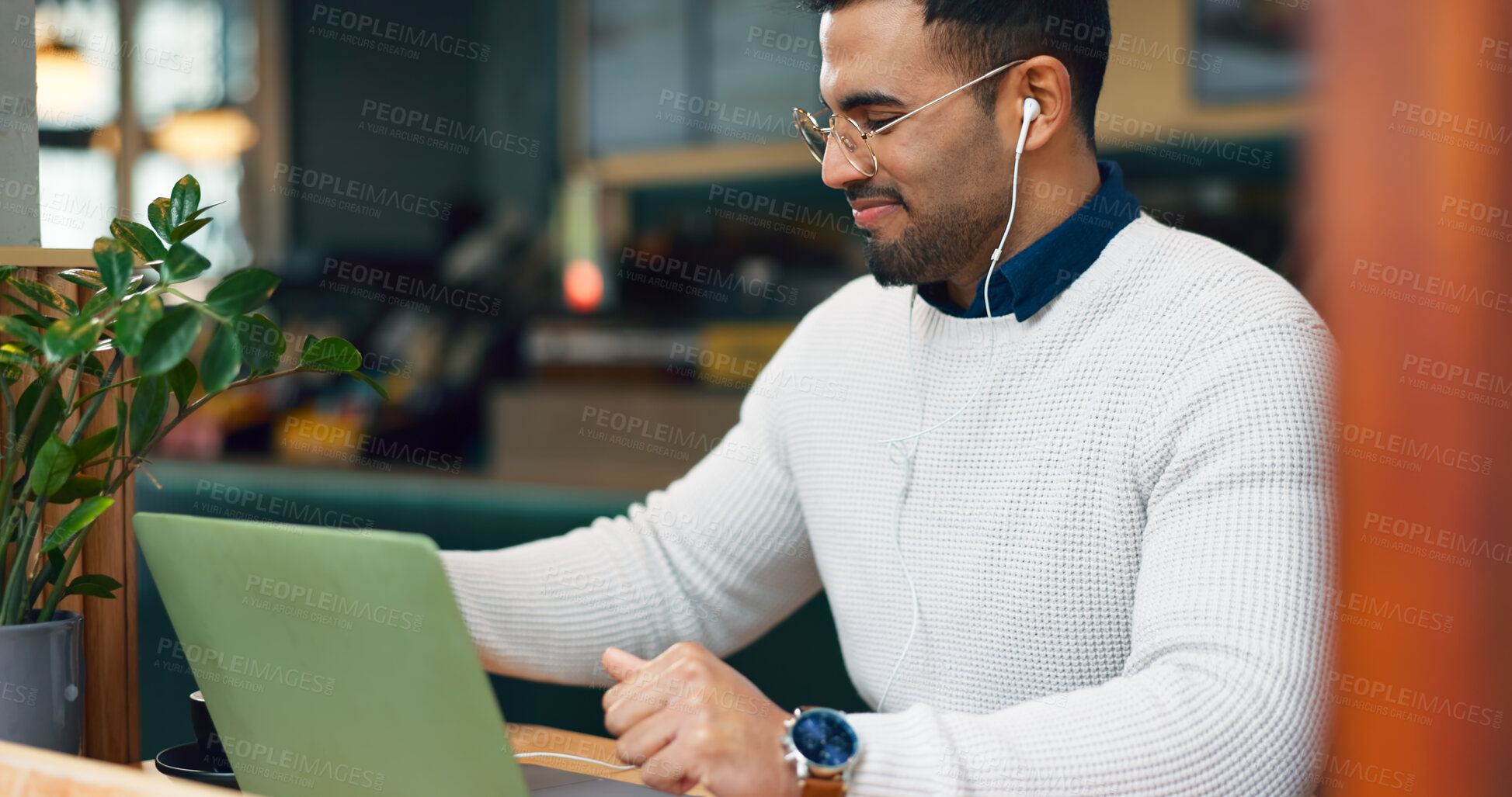 Buy stock photo Coffee shop, laptop and man listening to music, remote work and happy for morning break, hospitality service or wellness. Restaurant client, diner cafe and relax customer smile for computer research