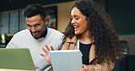 Coworkers, laptop and remote work with tablet, cafe and technology for business, strategy and planning. Conversation, meeting and brainstorming for project, woman and man in partnership, happy or job