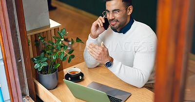 Man, phone call and remote work in cafe with smile for communication, networking and research with laptop. Journalist person, computer and smartphone for contact, coffee shop or negotiation for story
