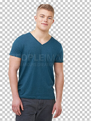 Buy stock photo Smile, handsome and portrait of young man with positive, good and confident attitude with casual tshirt. Happy, pride and gen z male person from Australia isolated by transparent png background.