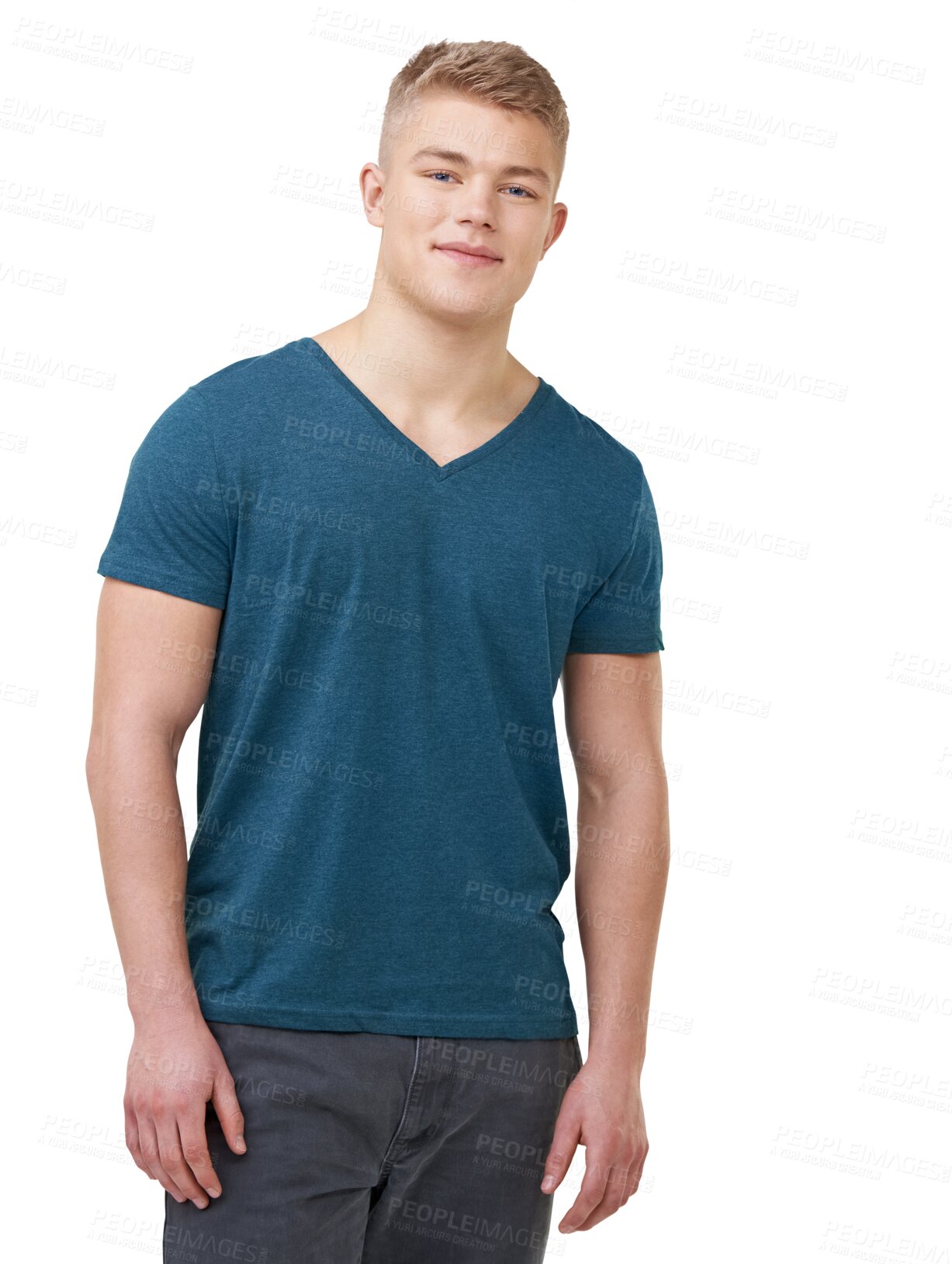 Buy stock photo Smile, handsome and portrait of young man with positive, good and confident attitude with casual tshirt. Happy, pride and gen z male person from Australia isolated by transparent png background.