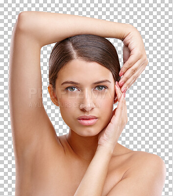 Buy stock photo Skincare, beauty and portrait of woman with hands pose on isolated, png and transparent background. Dermatology, spa aesthetic and person model with natural face, cosmetics and facial treatment