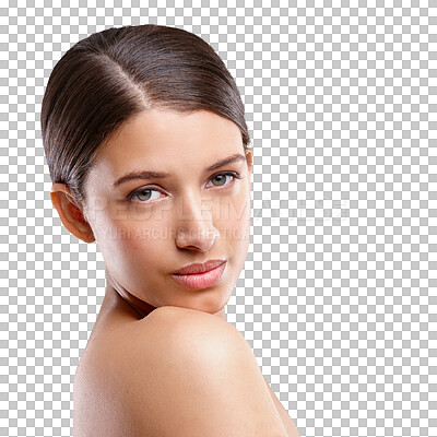 Buy stock photo Skincare, beauty portrait and serious woman, natural and isolated on a transparent png background. Cosmetics, face and young person in spa facial treatment, healthy skin glow and shine for wellness