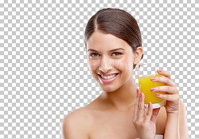 Buy stock photo Isolated woman, orange juice and wellness in portrait, drink or detox by transparent png background. Girl, glass or citrus liquid for nutrition choice, vitamin c or gut health benefit for weight loss