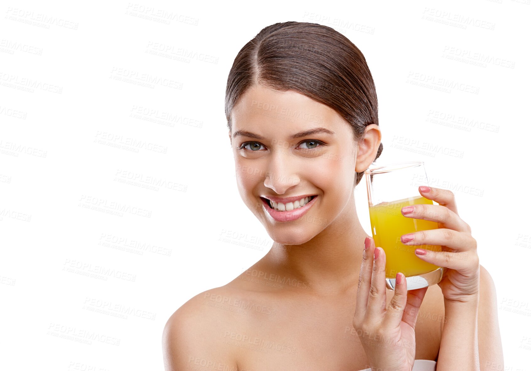 Buy stock photo Isolated woman, orange juice and wellness in portrait, drink or detox by transparent png background. Girl, glass or citrus liquid for nutrition choice, vitamin c or gut health benefit for weight loss