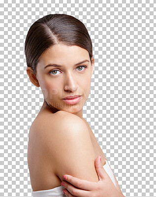 Buy stock photo Skincare, natural beauty and portrait of woman isolated on transparent png background. Cosmetics, face and person touch shoulder in spa facial treatment, wellness and aesthetics for healthy skin glow