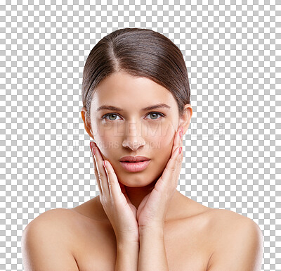 Buy stock photo Beauty touch, skincare and portrait of woman, natural and isolated on transparent png background. Cosmetics, hands on face and serious person in facial treatment, healthy glow on smooth or soft skin