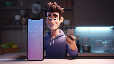 Cartoon man with phone. Marketing and business copyspace. 3d Rendering.