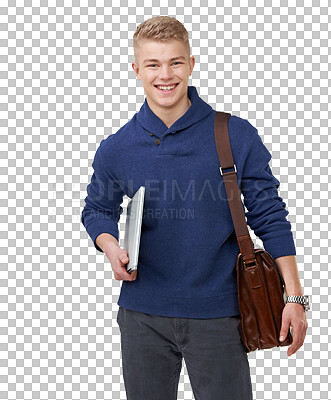 Buy stock photo Laptop, education and portrait of man with bag on isolated, png and transparent background. University, student and happy person with computer for learning, academic course and knowledge at college 