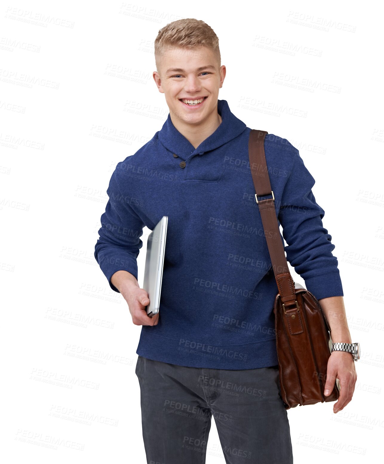 Buy stock photo Laptop, education and portrait of man with bag on isolated, png and transparent background. University, student and happy person with computer for learning, academic course and knowledge at college 