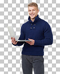 Laptop, research and portrait of happy man on isolated, transparent or png background. E learning, university and face of male student with online course info, application or college registration