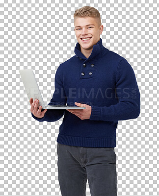 Buy stock photo Laptop, research and portrait of happy man on isolated, transparent or png background. E learning, university and face of male student with online course info, application or college registration