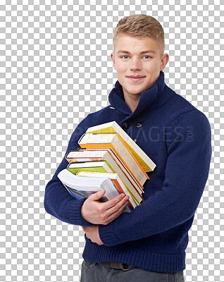 Buy stock photo Education, learning and portrait of man with books on isolated, transparent or png background. University, knowledge and face of student with studying notebook, growth or upskill training literature