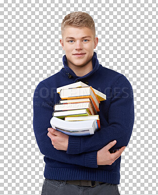 Buy stock photo Learning, education and portrait of man with books on isolated, transparent or png background. University, knowledge and face of student with studying notebook, growth or upskill training literature