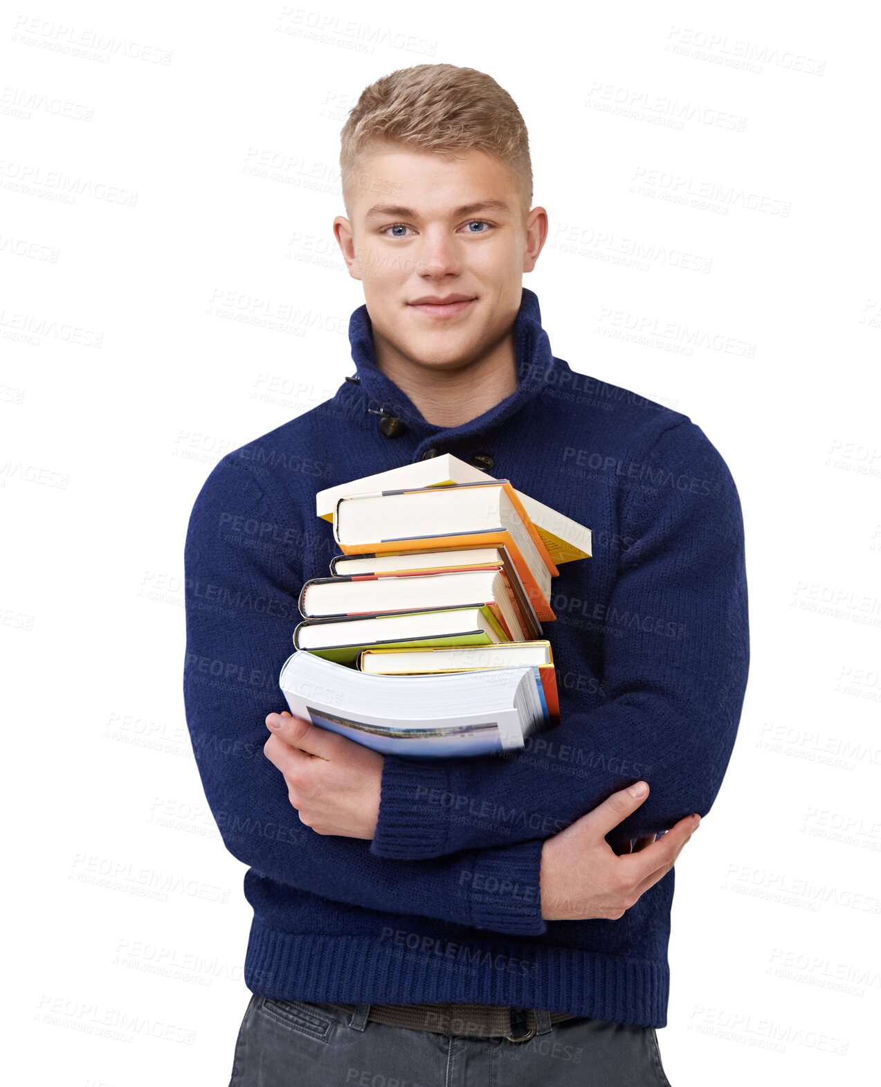 Buy stock photo Learning, education and portrait of man with books on isolated, transparent or png background. University, knowledge and face of student with studying notebook, growth or upskill training literature