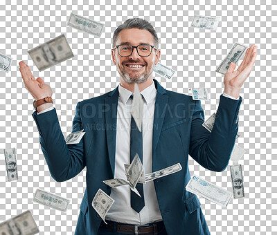 Buy stock photo Portrait, money rain and happy business man winning company competition, bonus salary or financial freedom success. Cash dollar prize, sales revenue and winner isolated on transparent, png background