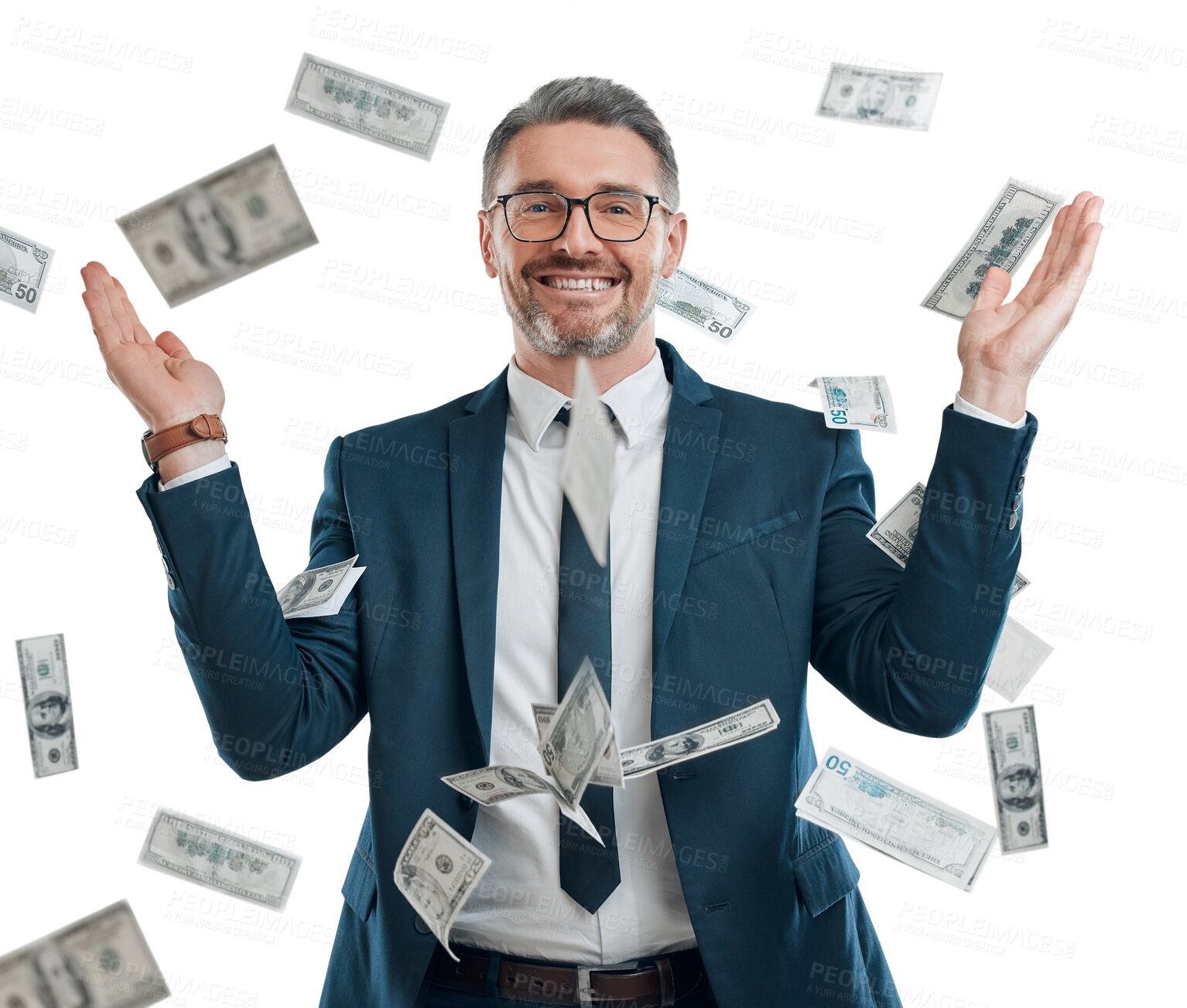 Buy stock photo Portrait, money rain and happy business man winning company competition, bonus salary or financial freedom success. Cash dollar prize, sales revenue and winner isolated on transparent, png background