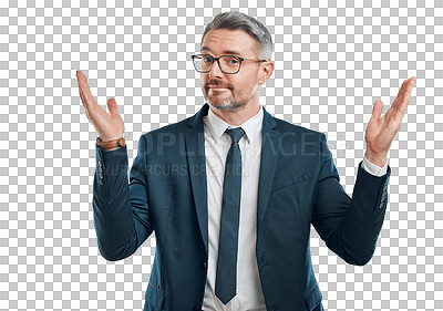 Buy stock photo Portrait, shrug and business with man, doubt and employee isolated on transparent background. Face, mature person or entrepreneur with body language, confused and problem solving with png or reaction