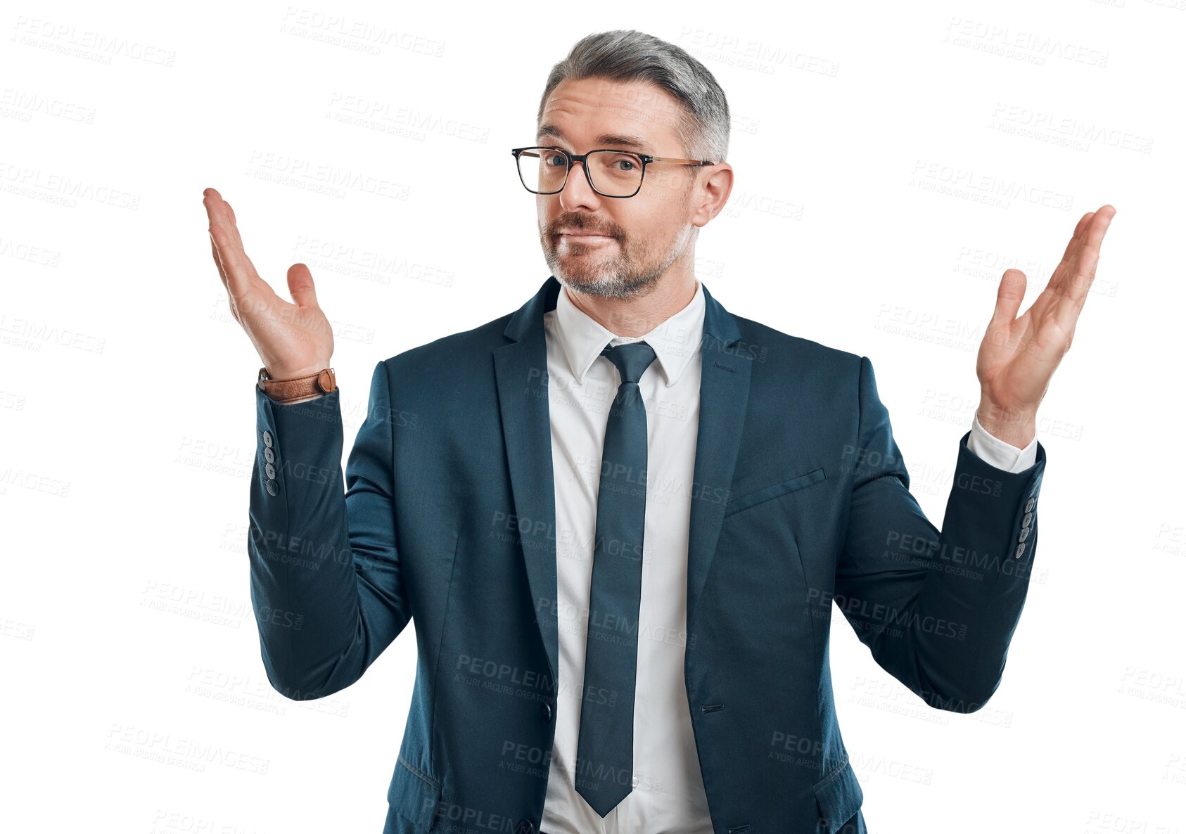 Buy stock photo Portrait, shrug and business with man, doubt and employee isolated on transparent background. Face, mature person or entrepreneur with body language, confused and problem solving with png or reaction