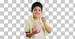 Piggy bank, cash and child face with money, savings and cash planning in a studio, Happy, portrait and young boy with allowance and safe for bills, wealth and budget with blue background and smile