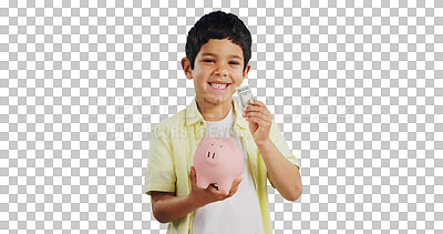 Buy stock photo Isolated boy, piggy bank and portrait with money, smile and savings with learning by transparent png background. Child, person and happy with cash for investing, financial security and box for future