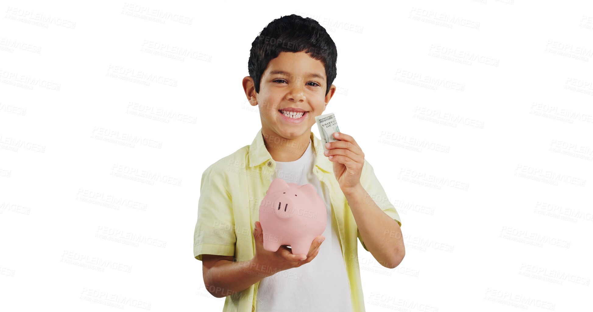 Buy stock photo Isolated boy, piggy bank and portrait with money, smile and savings with learning by transparent png background. Child, person and happy with cash for investing, financial security and box for future